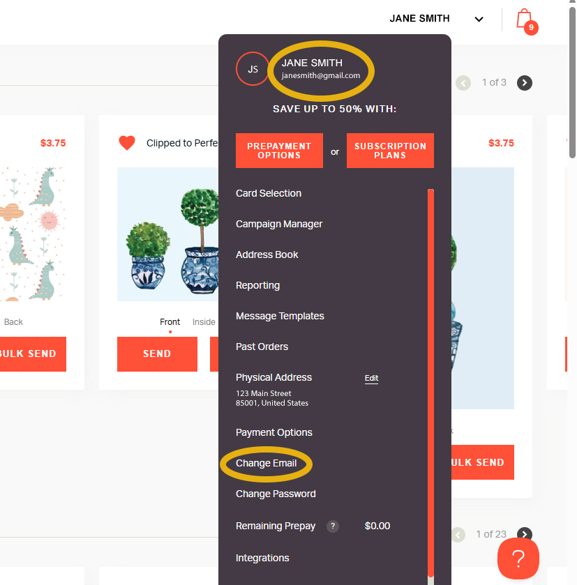 User account settings and options menu