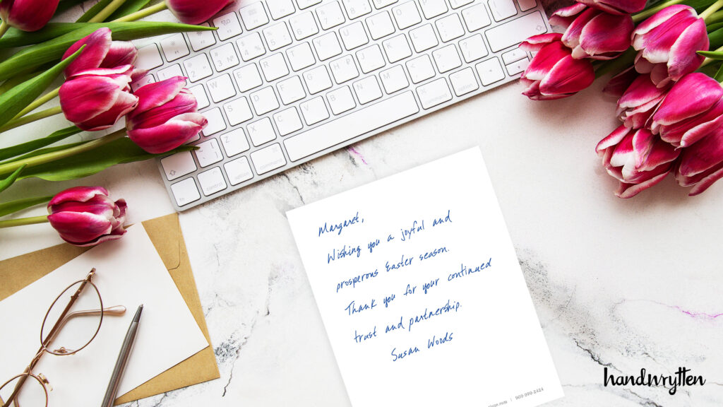 Thank you note with flowers and keyboard