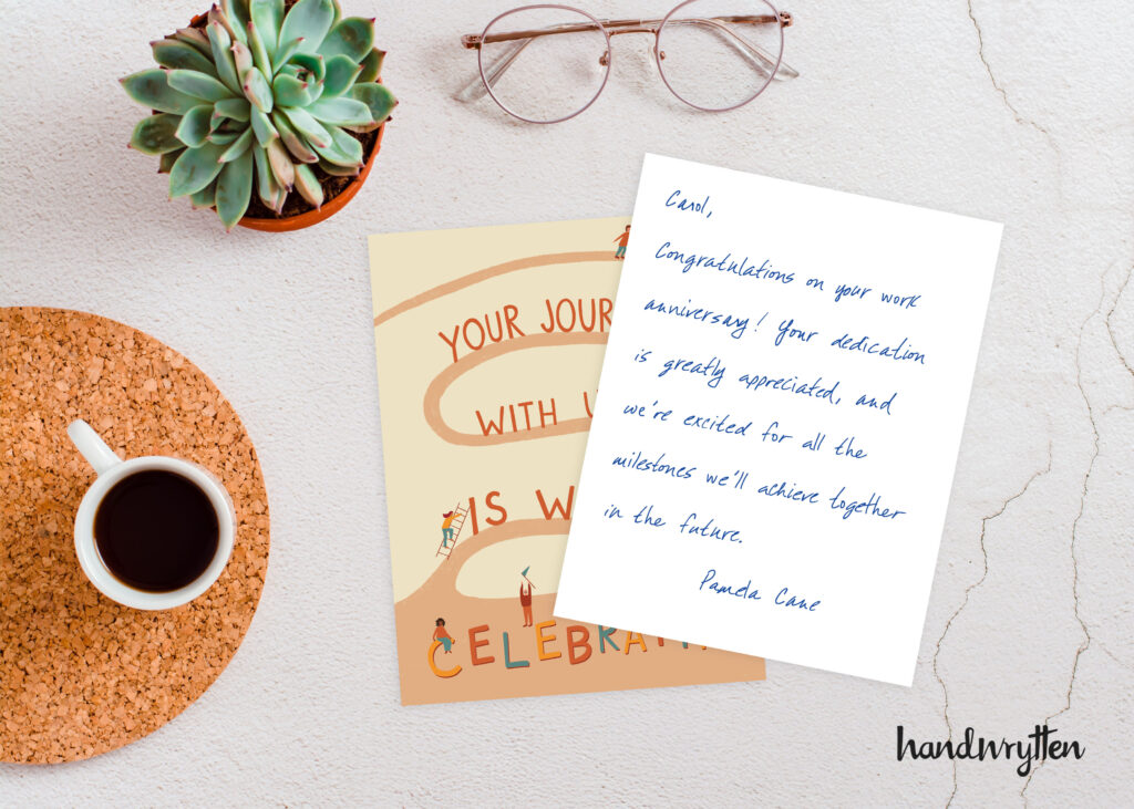 Celebratory note for employee's anniversary.