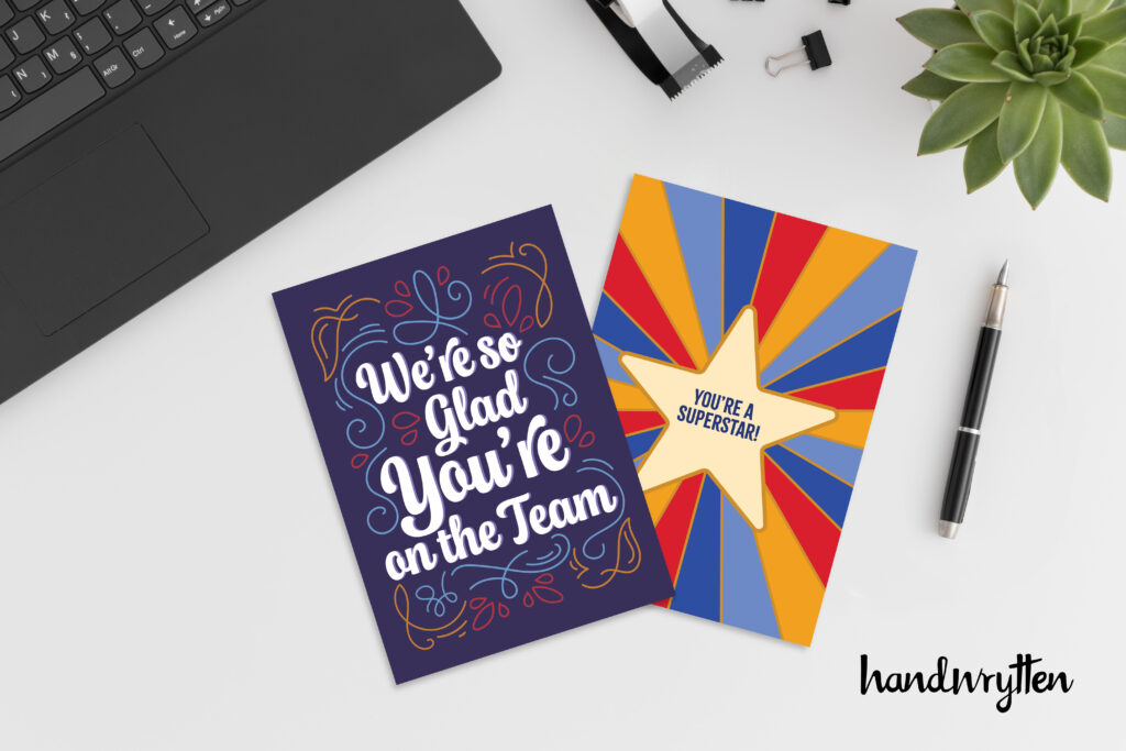 Two cheerful cards celebrating teamwork