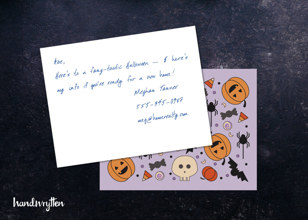 Handwritten Halloween cards for business with festive design and branded message