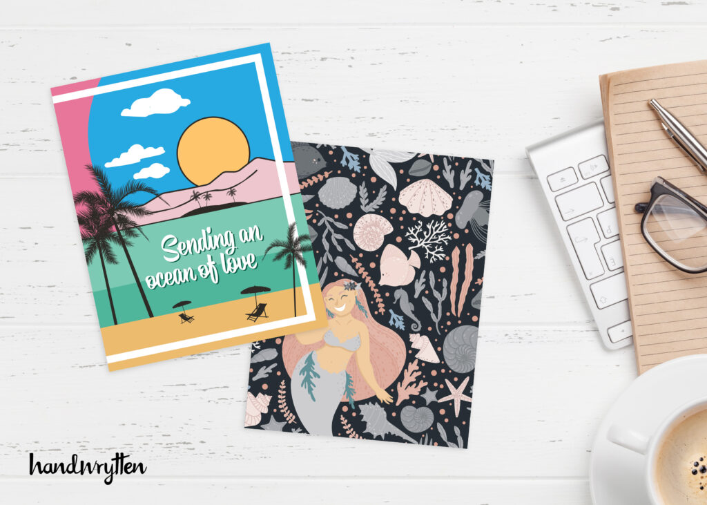 Colorful beach-themed greeting cards